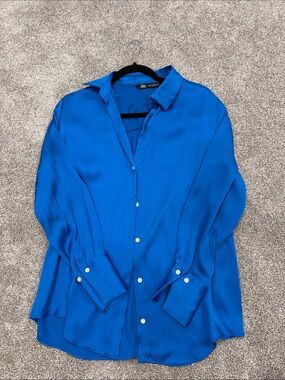 Zara Vibrant Blue Satin Button-Front Shirt